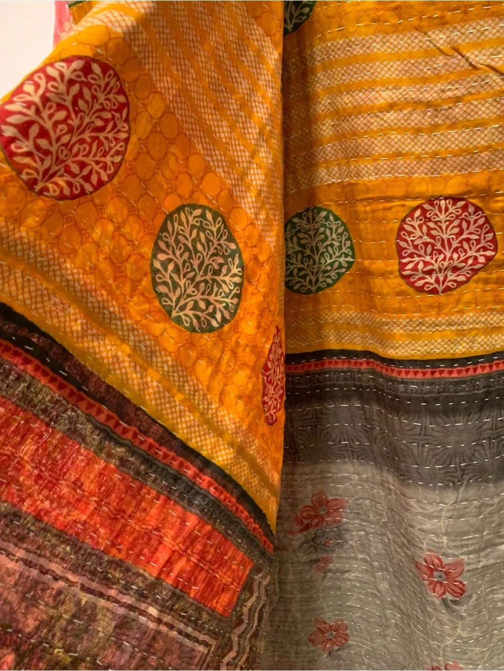 Handmade Kantha Quilt Twin Size Recycled Sari Cotton Mustard Red Green Grey